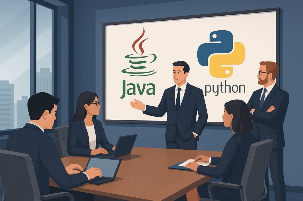 Java Vs Python discussion in a boardroom